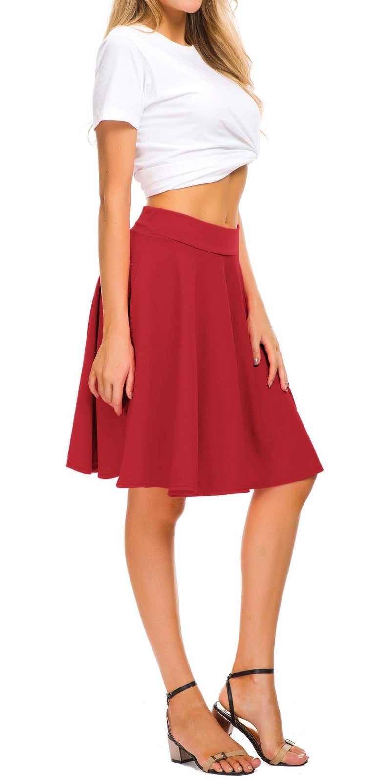 EXCHIC Women's Casual Stretchy Flared Midi Skater Skirts Basic A-Line Pleated Midi Skirt (XL, Red) - Image 3